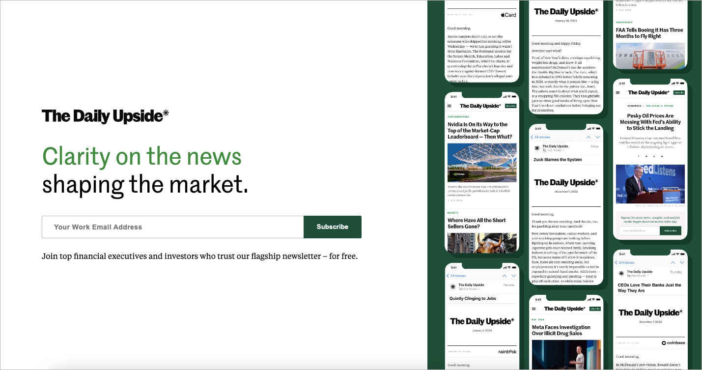Newsletter landing page example by Daily Upside