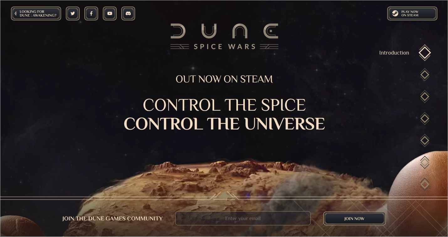 Game landing page example: Dune: Spice Wars