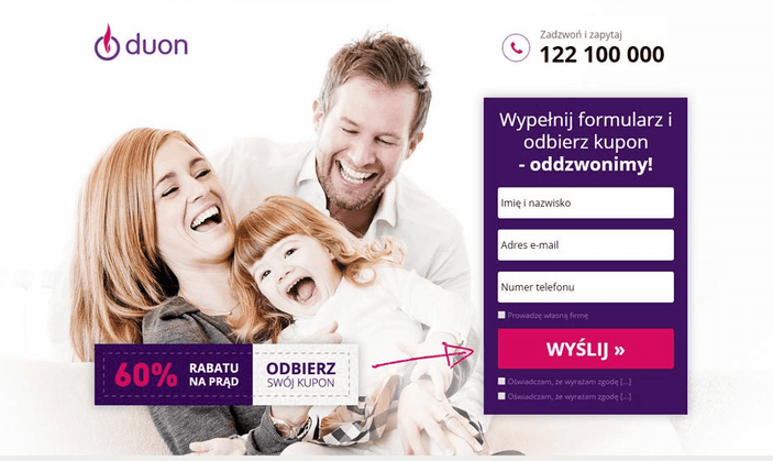 Landing page firmy Duon z formularzem do pobrania kodu rabatowego