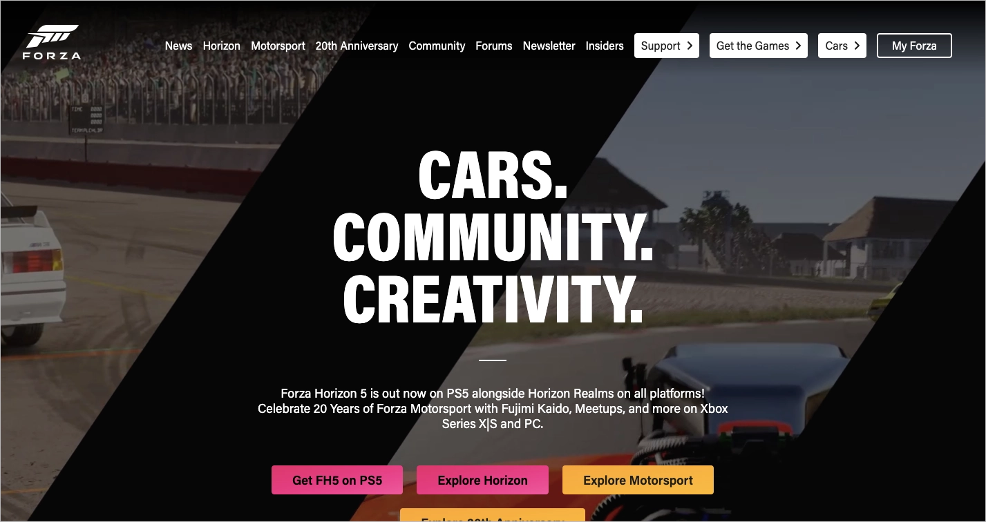 Gaming landing page example: Forza Motorsport
