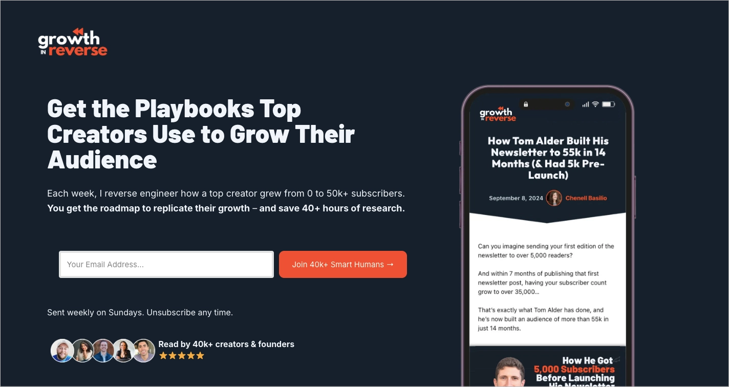 Newsletter landing page example by Growth in Reverse
