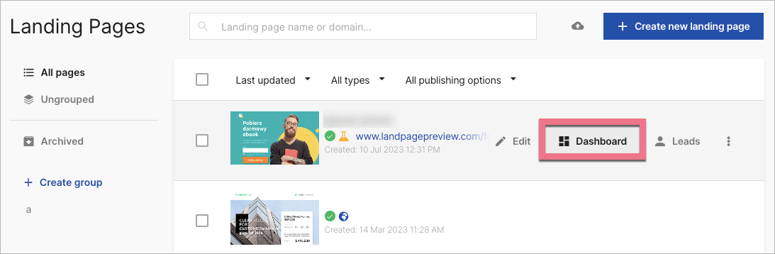 Navigate to landing page Dashboard in Landingi