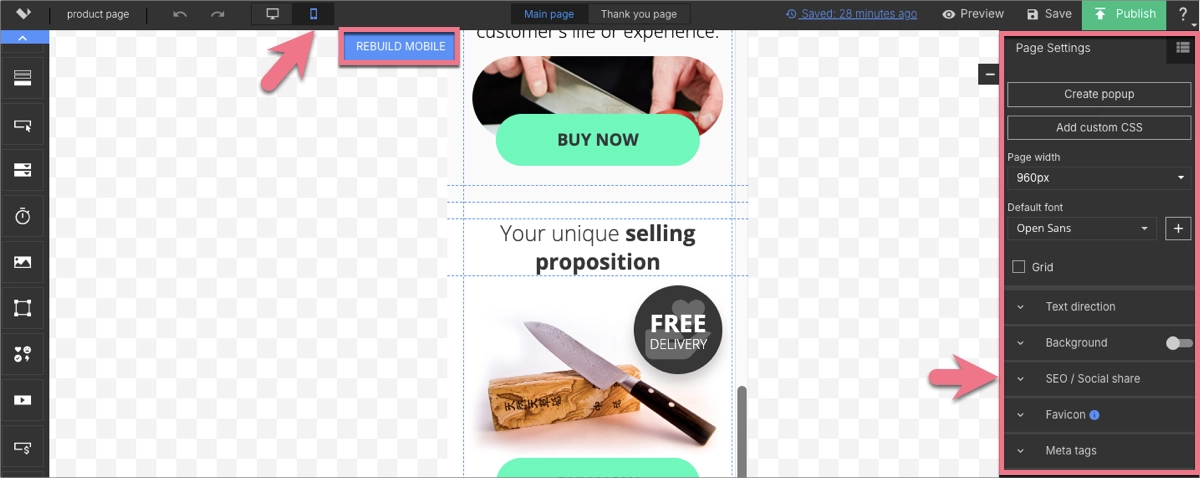 Mobile view in Landingi's editor
