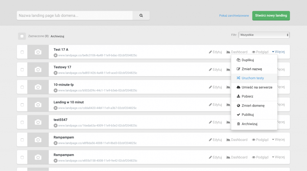 Widok zarządzania testami A/B w platformie Landingi