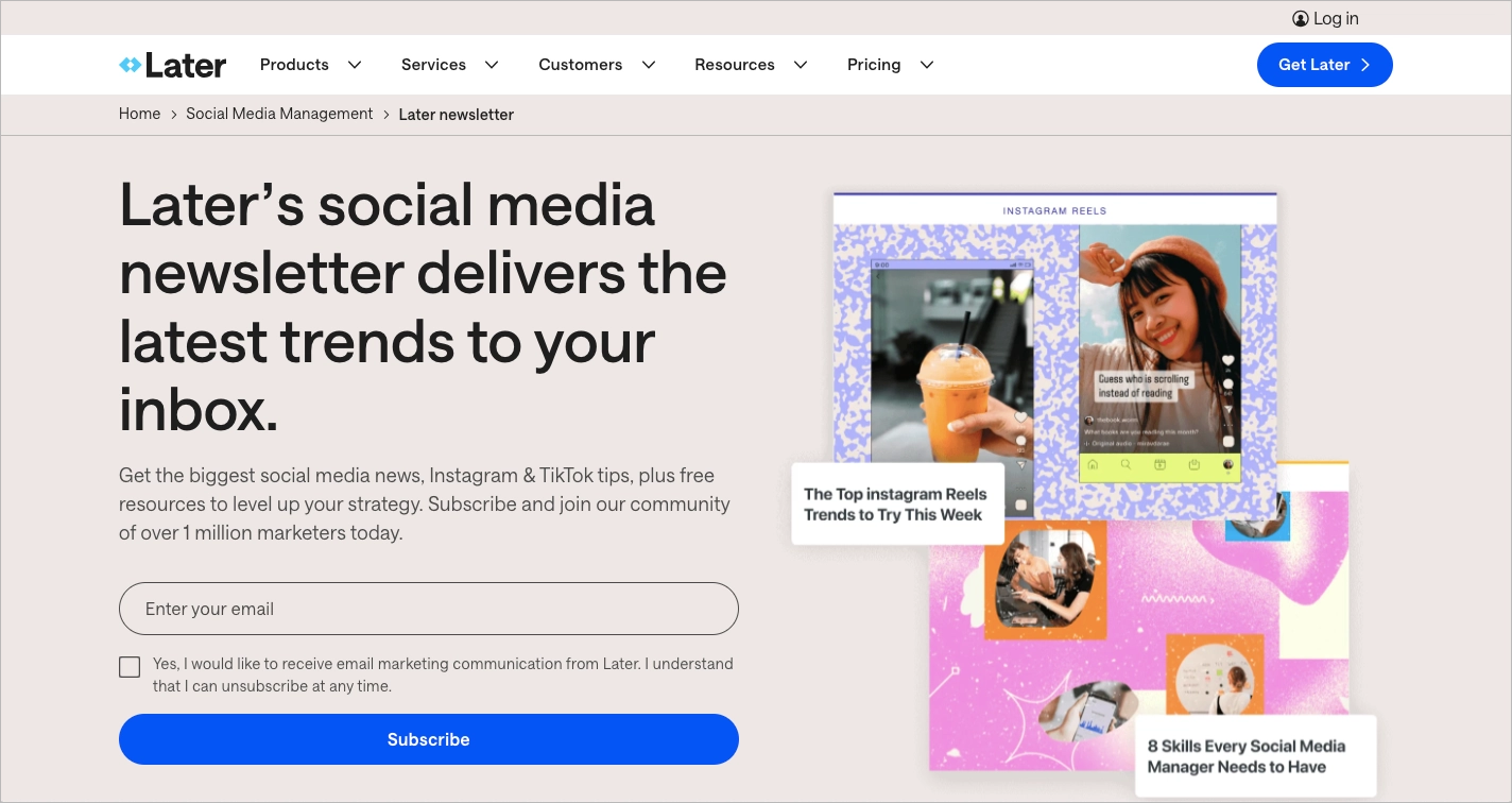 Newsletter landing page example by Later