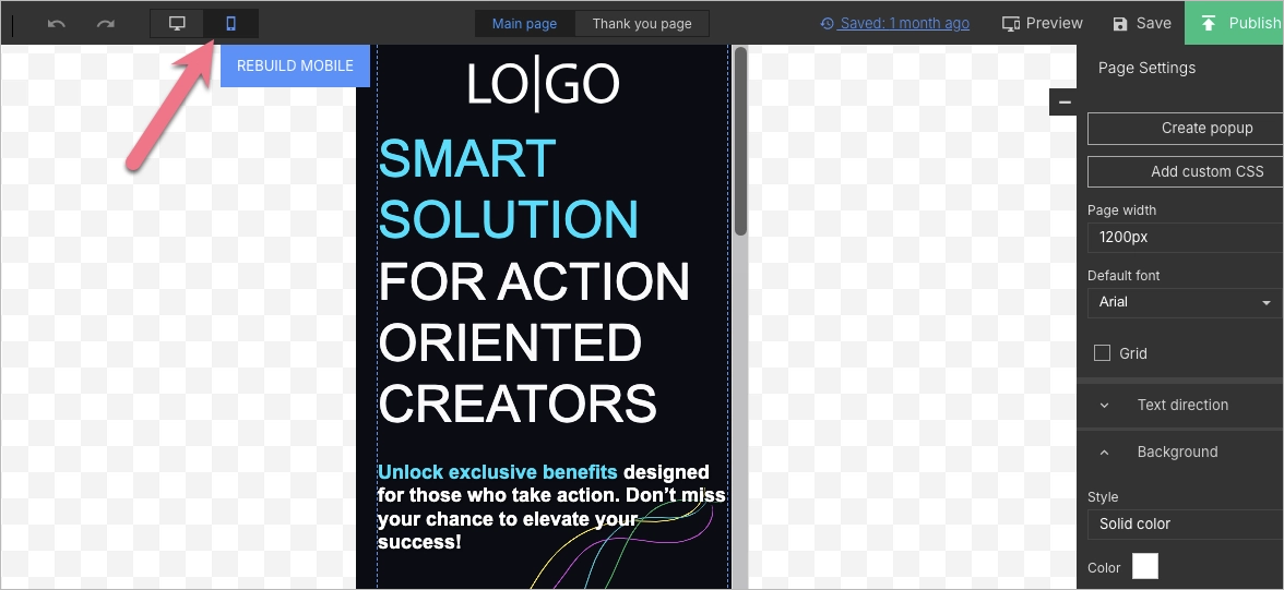 Wie man die mobile Ansicht ediotr in Landingi eingibt