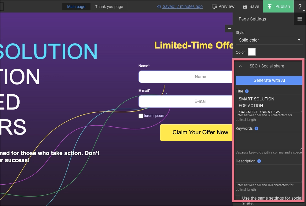 SEO Einstellungen im Landingi-Editor