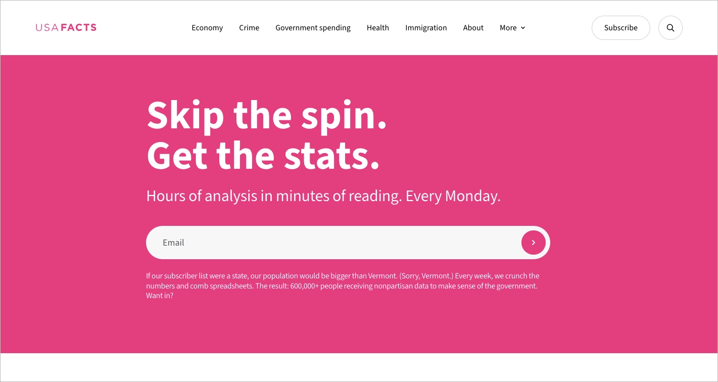 Newsletter landing page example by USAFacts