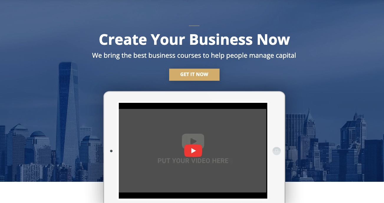 Landing page template with video placeholder