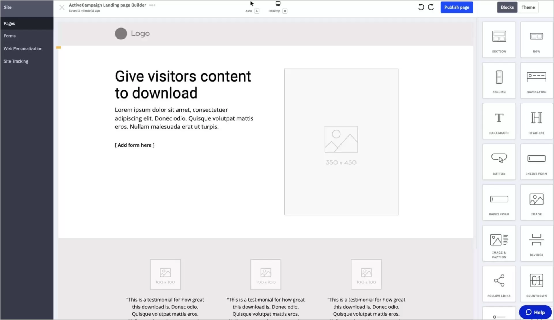 drag and drop landing page builder by ActiveCampaign