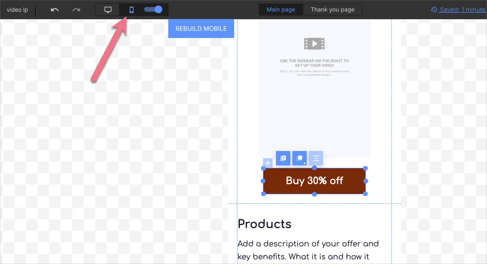 Vue mobile dans l'&eacute;diteur Landingi
