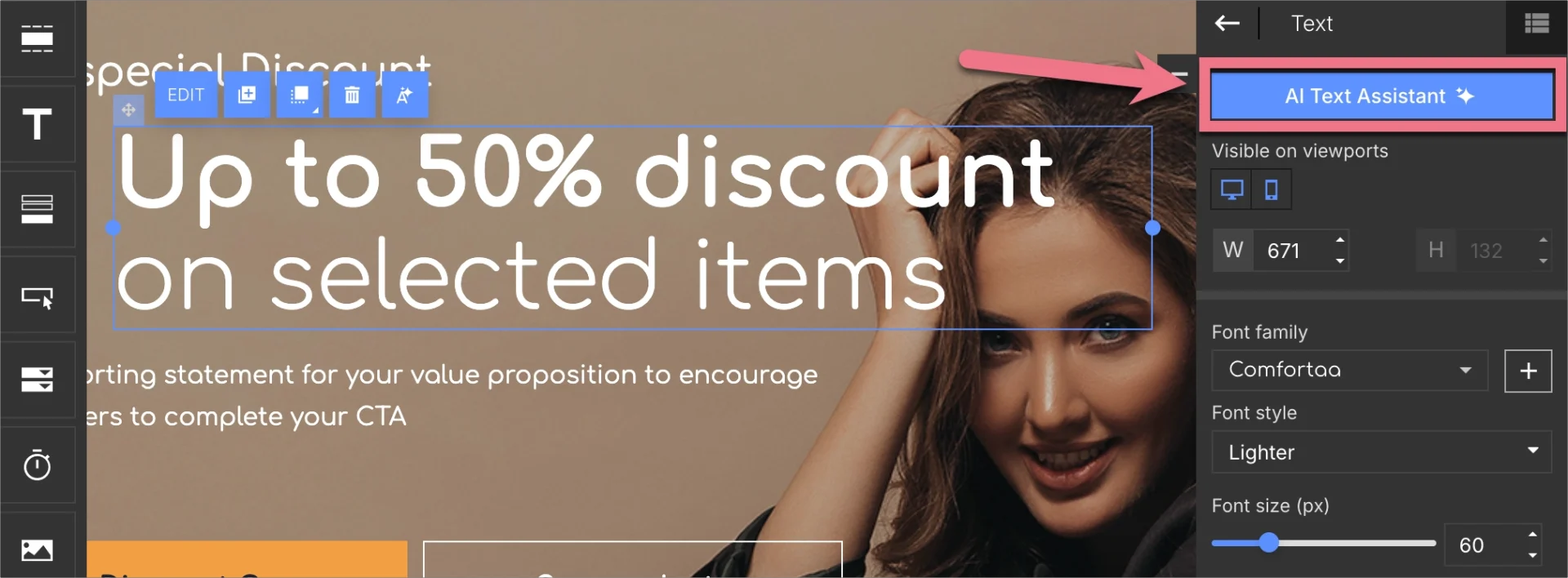 Options de texte dans l'&eacute;diteur Landingi.