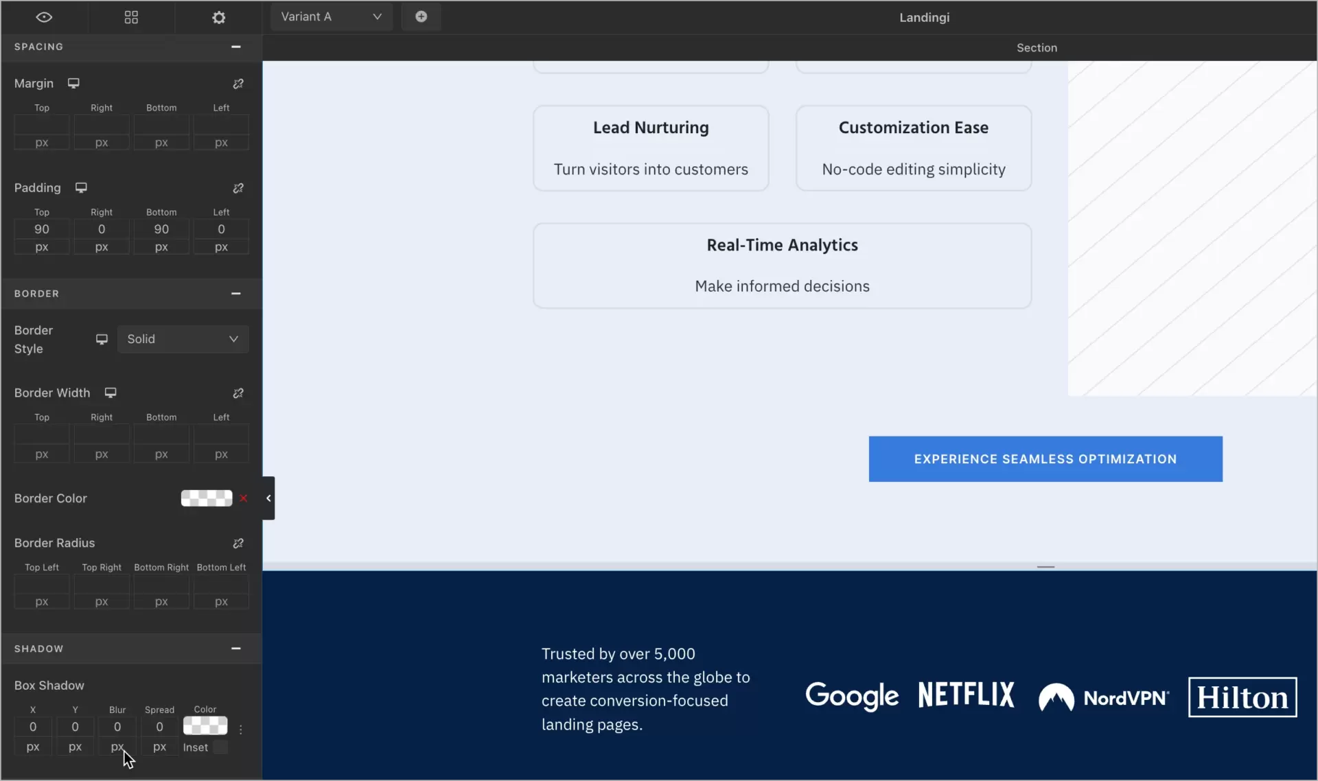 landing page et le menu du constructeur de sites web avec les param&egrave;tres