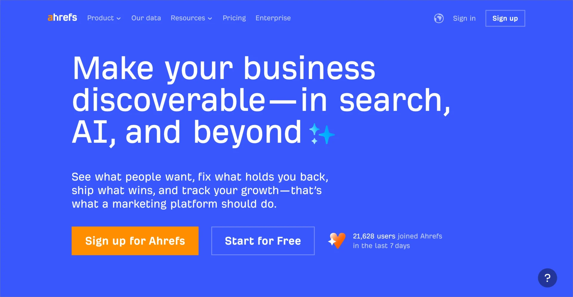 P&aacute;gina inicial do Ahrefs promovendo SEO e insights de pesquisa com tecnologia de IA