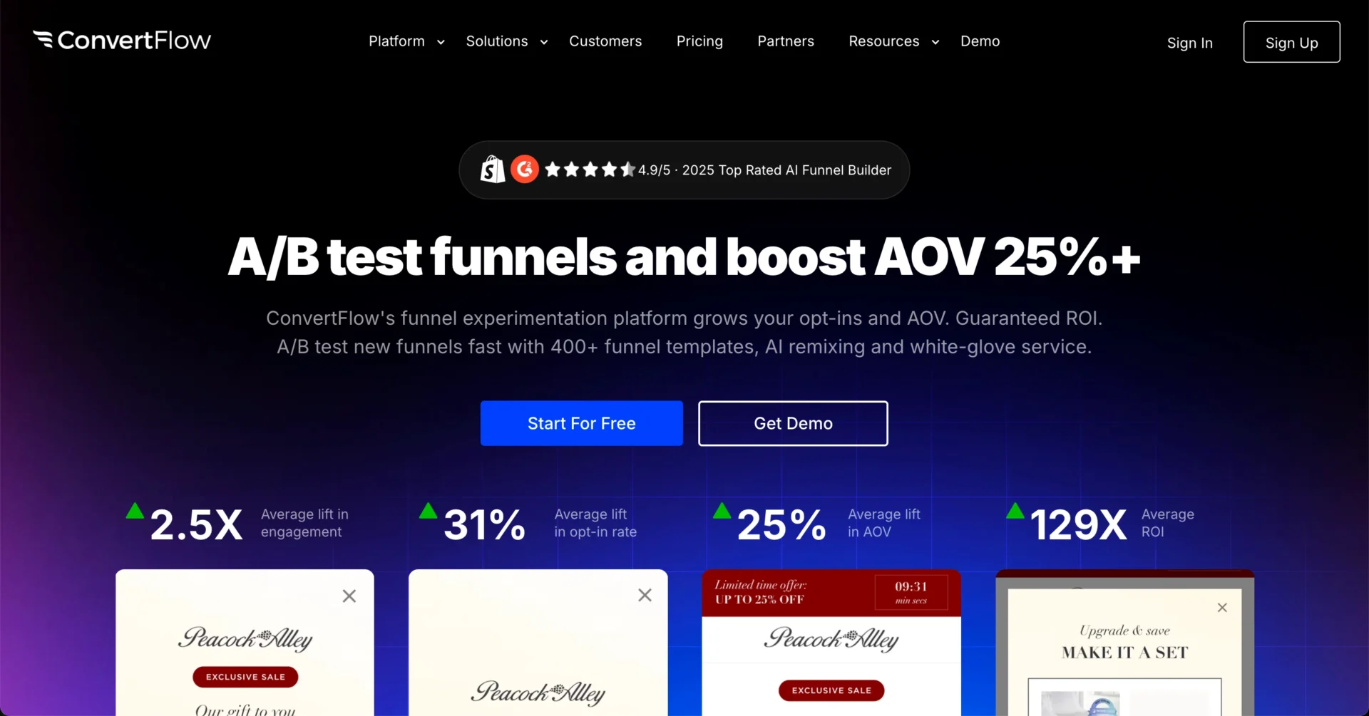 P&aacute;gina inicial do ConvertFlow destacando funis de teste A/B e crescimento do AOV