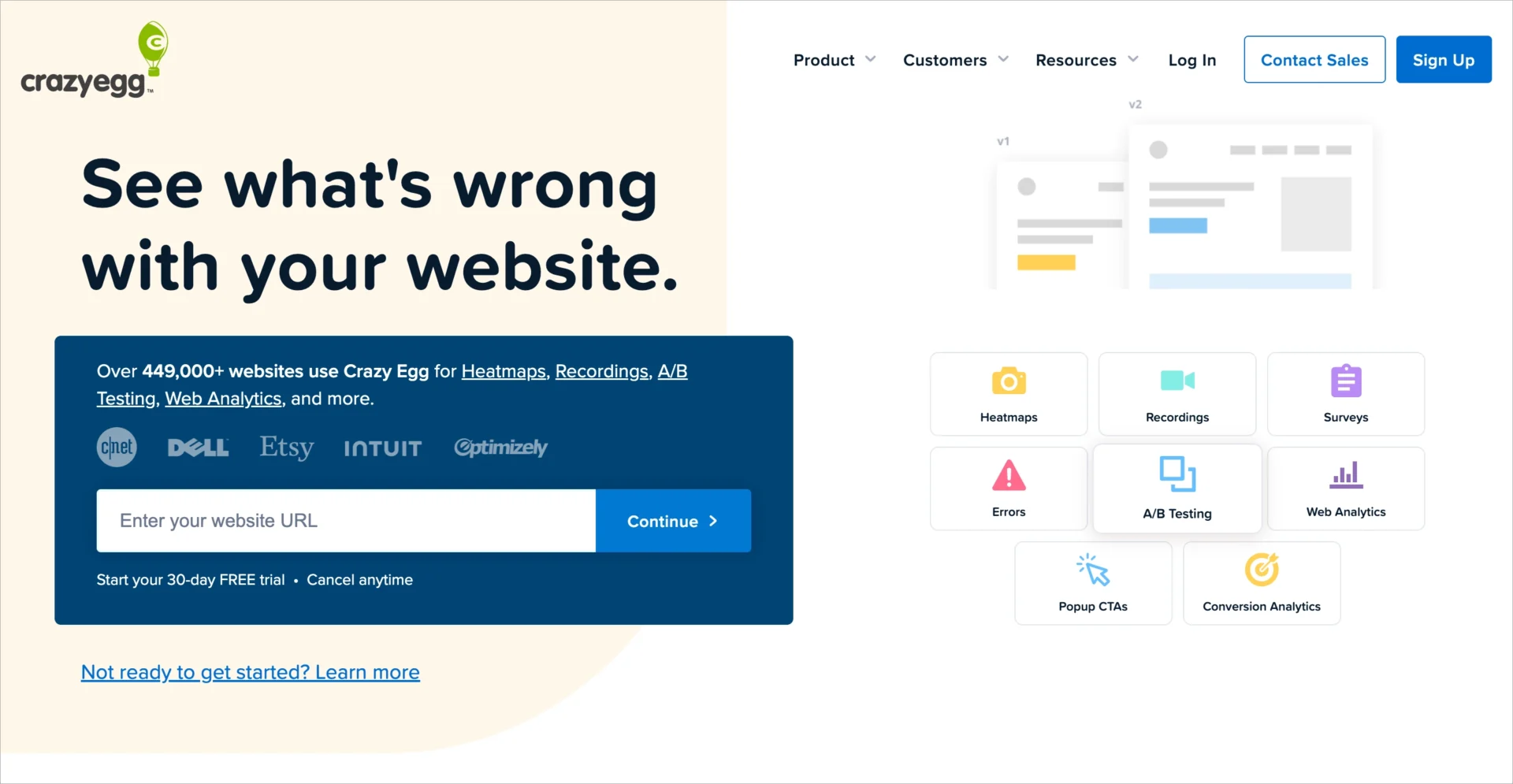 P&aacute;gina inicial do Crazy Egg com mapas de calor, grava&ccedil;&otilde;es e ferramentas de teste A/B