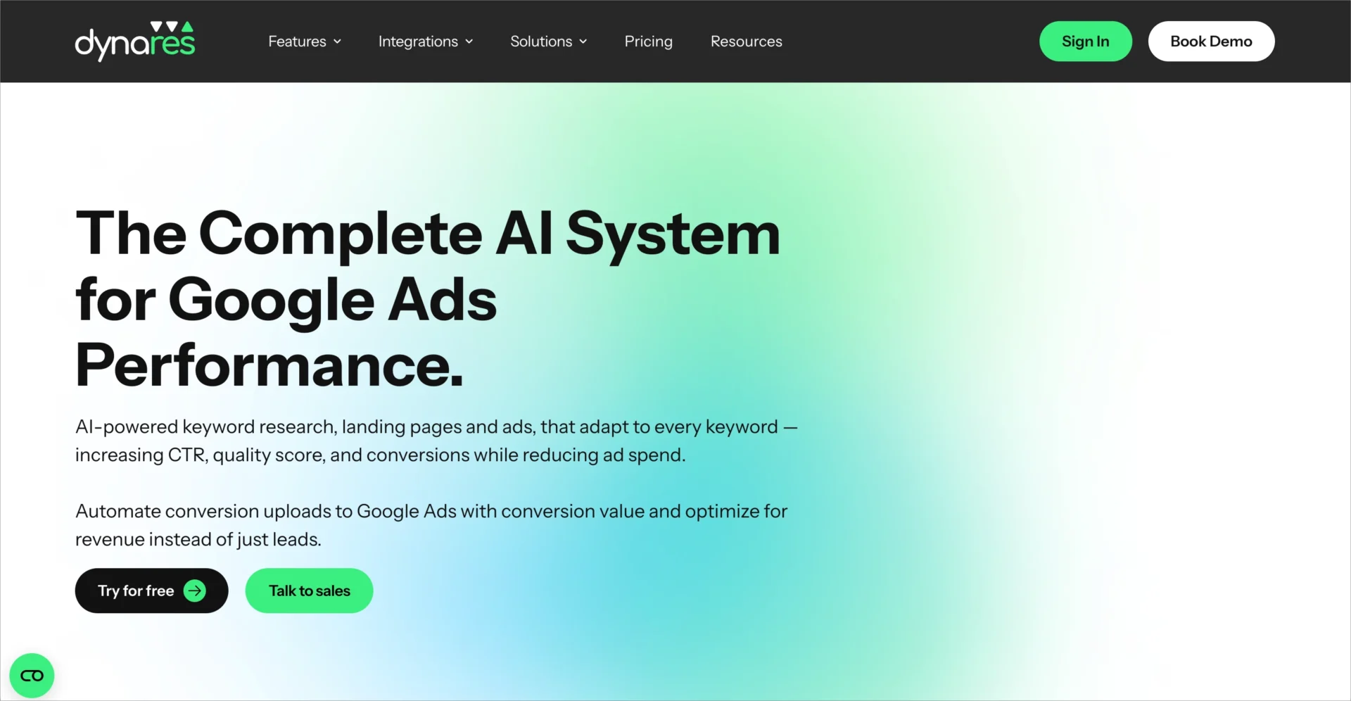P&aacute;gina inicial do Dynares destacando o sistema de IA para desempenho do Google Ads