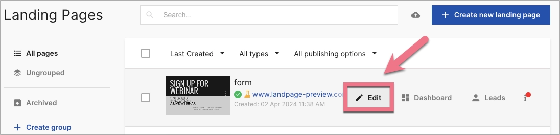 Edit button on Landingi platform