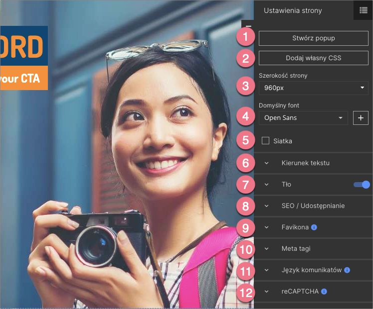 Lista Ustawień strony w Landingi