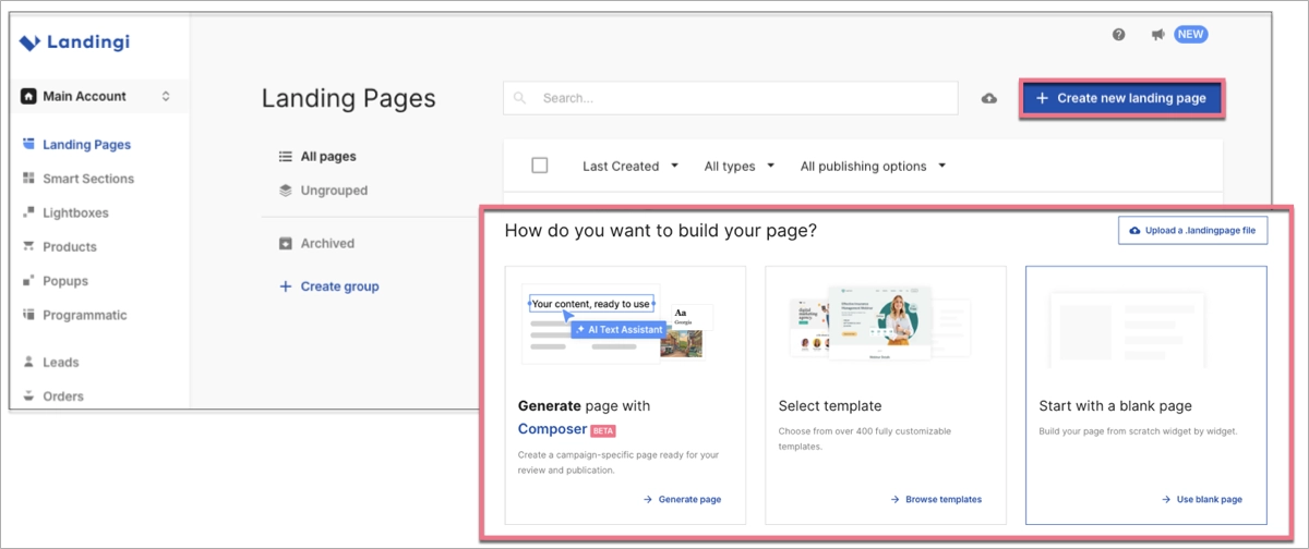 Cr&eacute;ation dans le meilleur constructeur landing page - Landingi