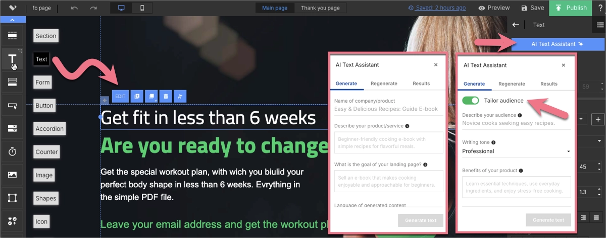 AI Text Assistant - g&eacute;n&eacute;rer des textes pour l'ensemble de la page dans Landingi