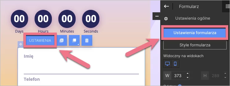 Przejdź do ustawień formularza w edytorze Landingi