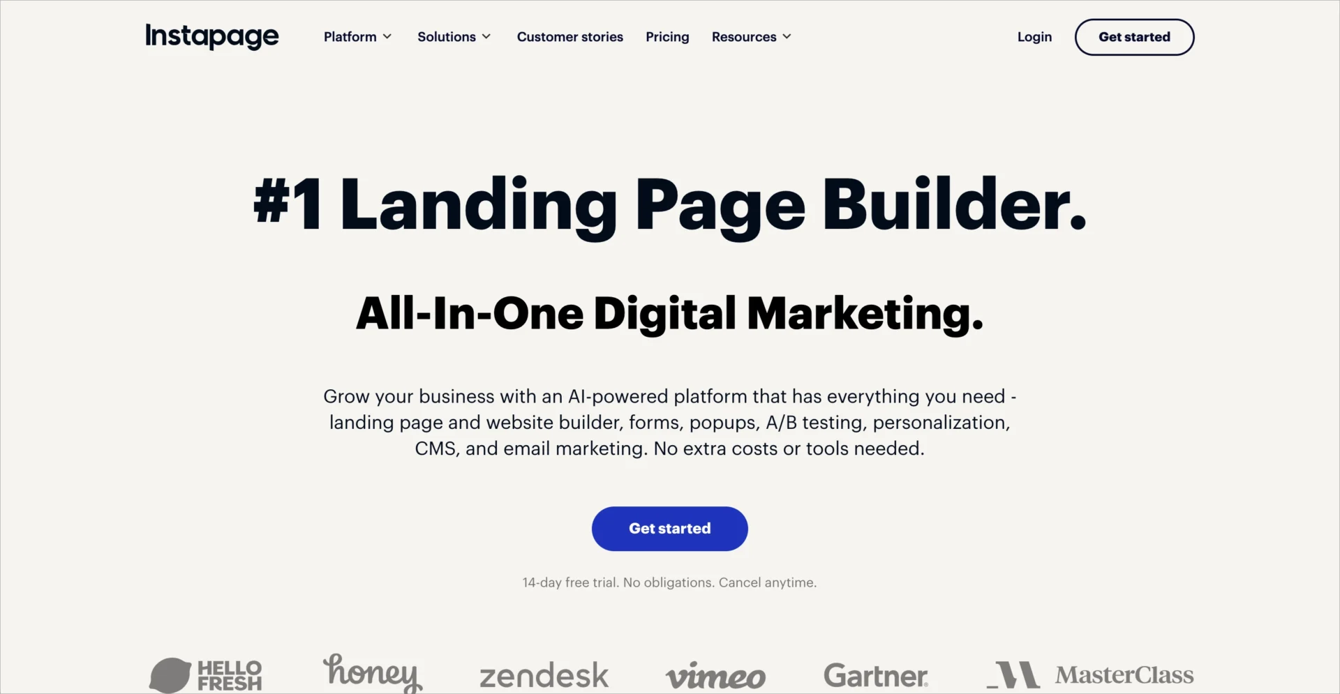 P&aacute;gina inicial do Instapage destacando o criador de landing pages