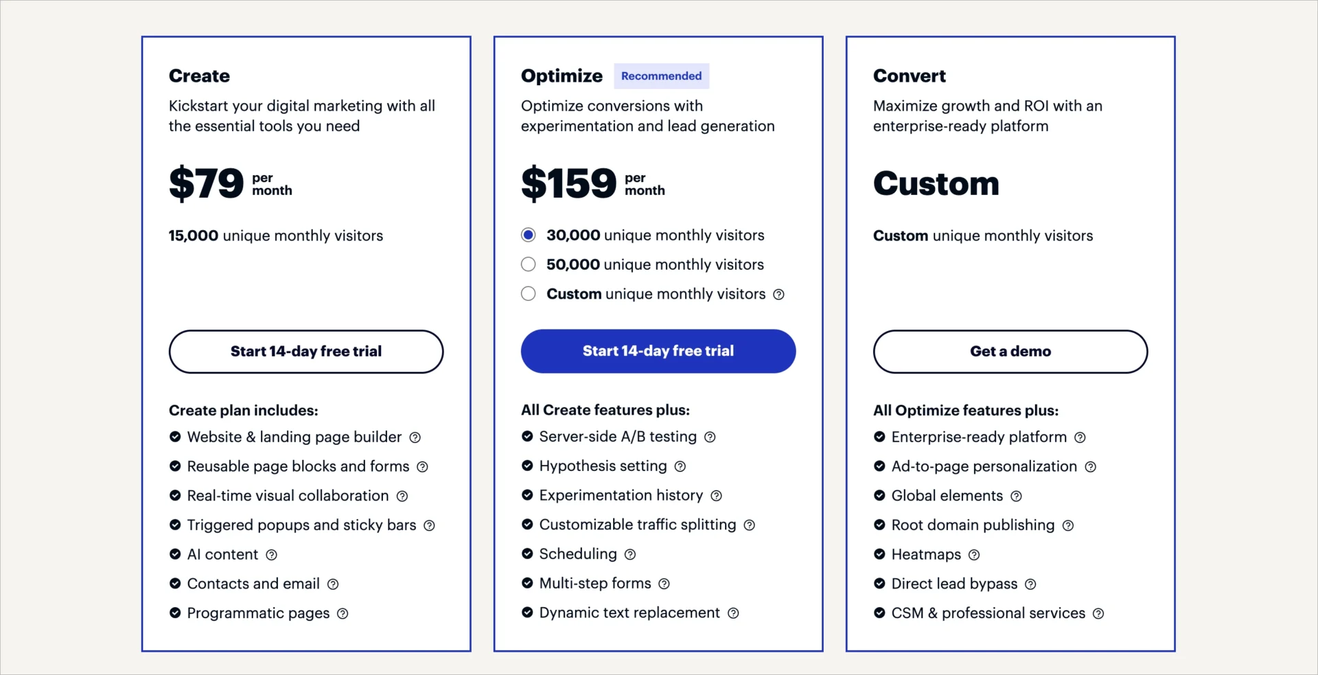 Planos de pre&ccedil;os do Instapage com os n&iacute;veis Create, Optimize e Convert