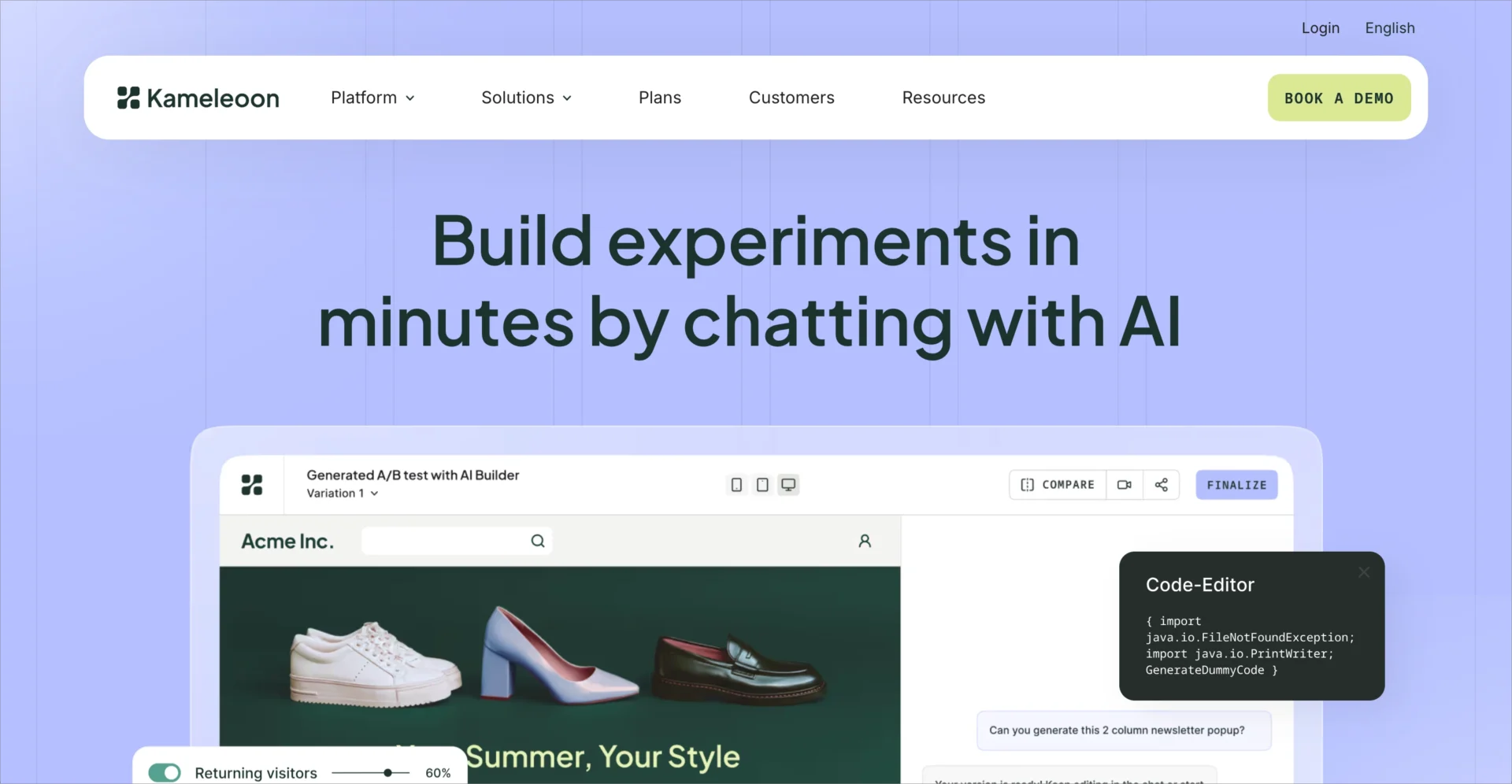 P&aacute;gina inicial do Kameleoon apresentando a plataforma de experimenta&ccedil;&atilde;o com tecnologia de IA
