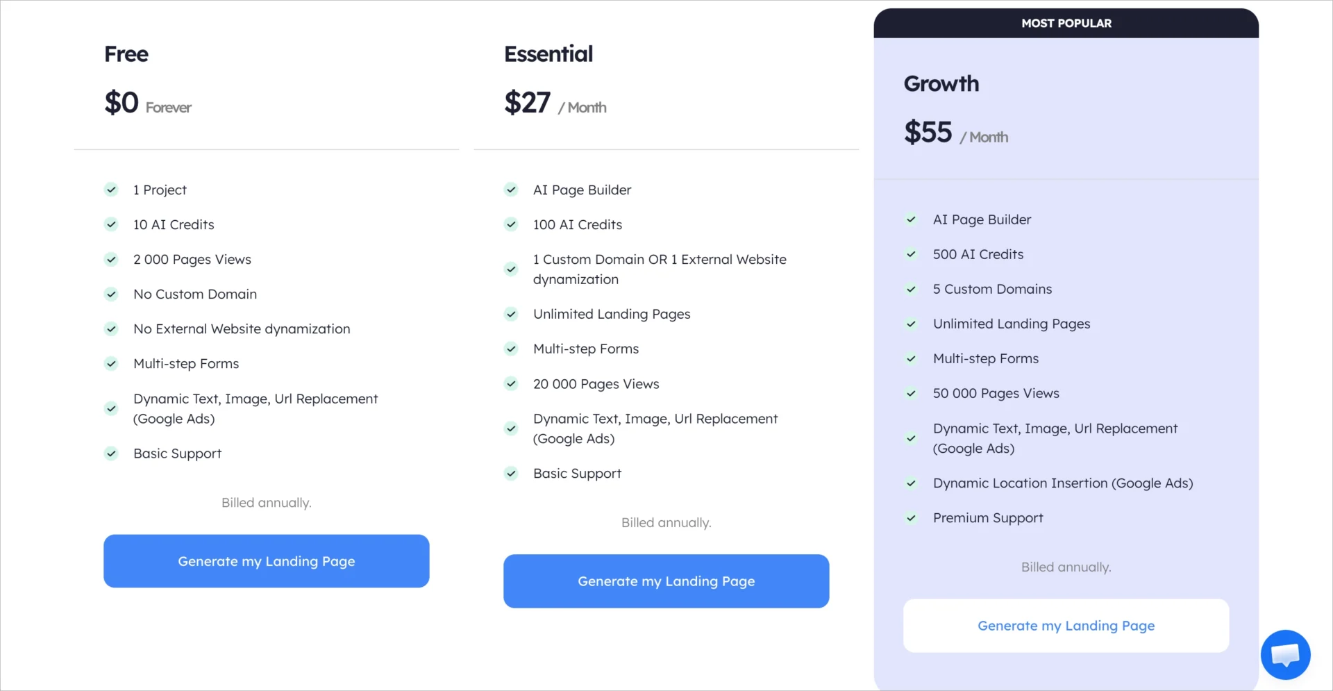 Planos de pre&ccedil;os do LanderMagic com op&ccedil;&otilde;es Free, Essential e Growth
