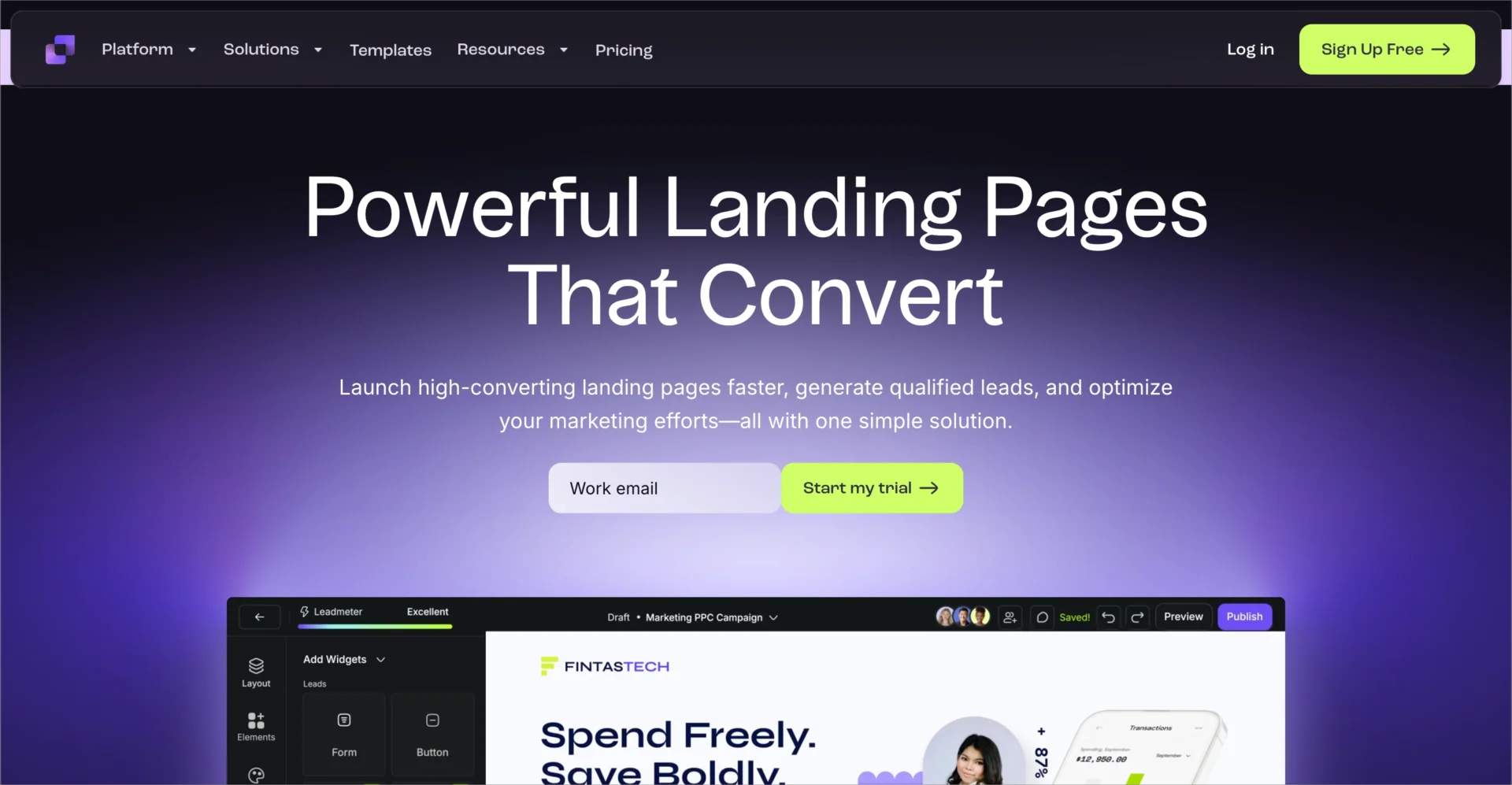 P&aacute;gina inicial do Leadpages promovendo o criador de landing pages e avalia&ccedil;&atilde;o gratuita