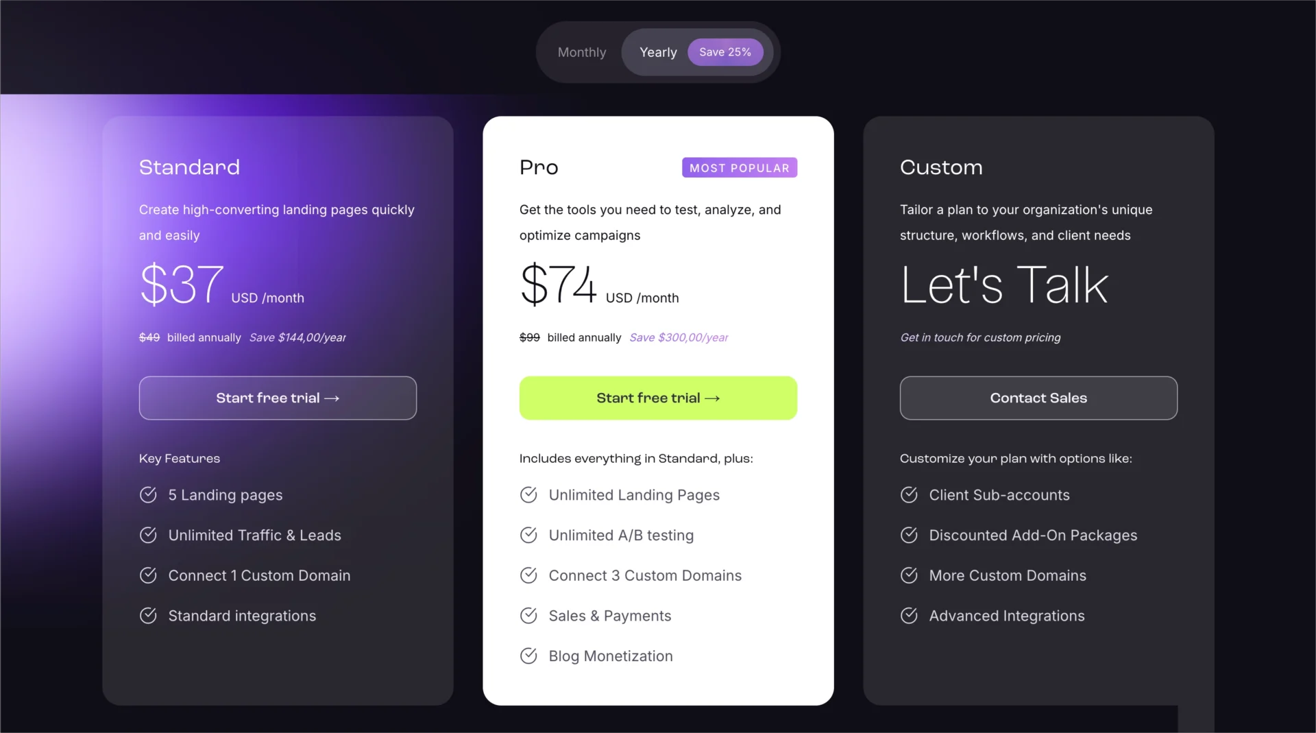 Planos de pre&ccedil;os do Leadpages com op&ccedil;&otilde;es Standard, Pro e Custom
