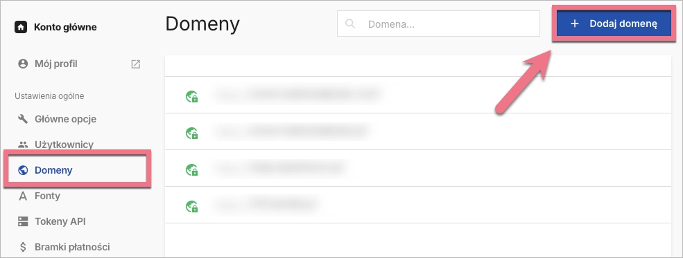 Lista domen w Landingi