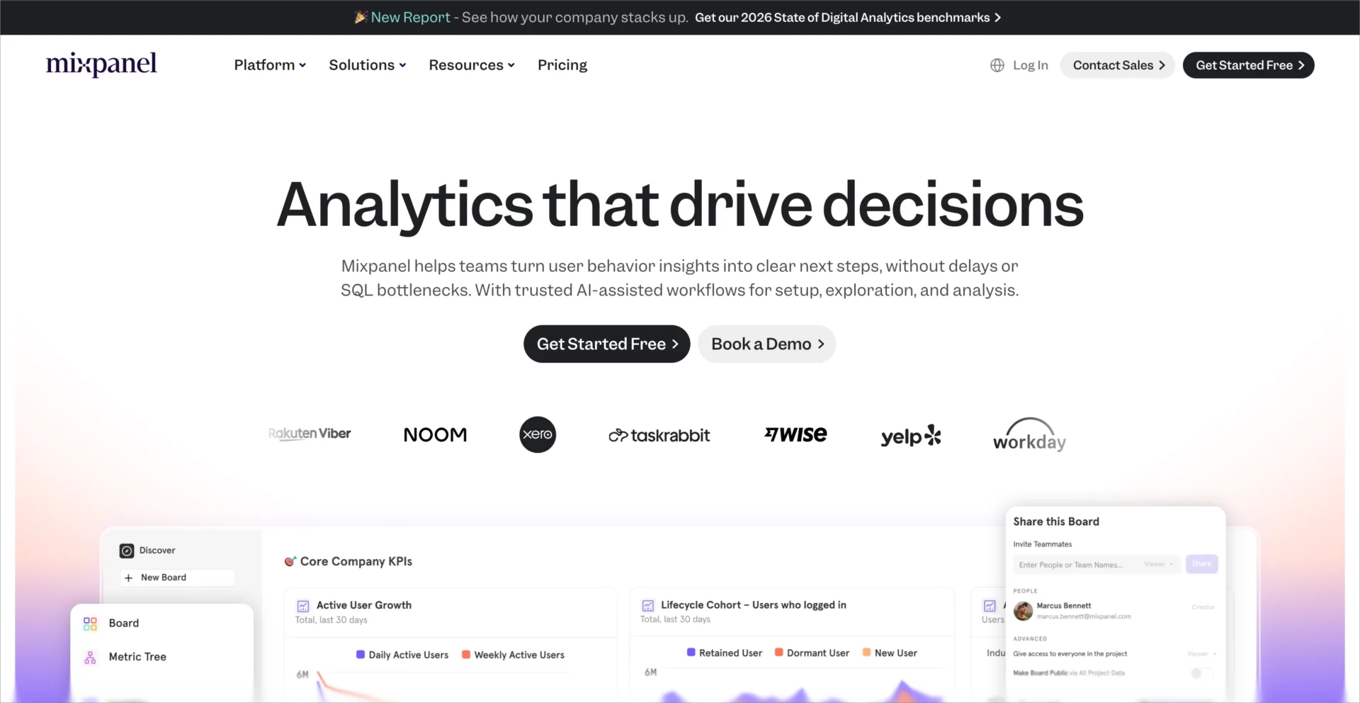 P&aacute;gina inicial do Mixpanel destacando an&aacute;lises e insights de produtos