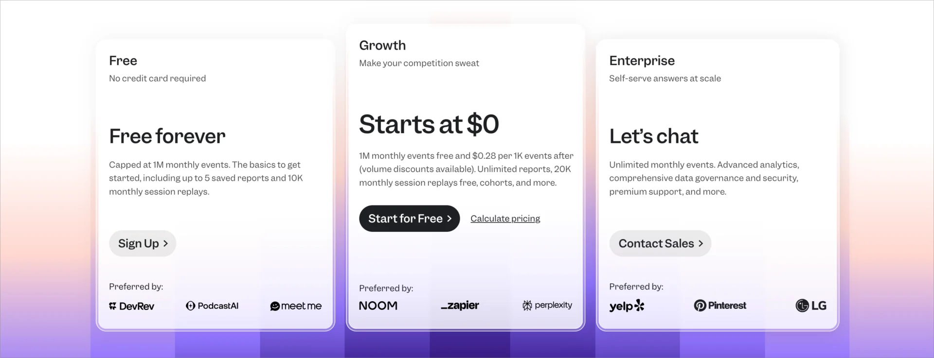 Planos de pre&ccedil;os do Mixpanel incluindo n&iacute;veis Free, Growth e Enterprise
