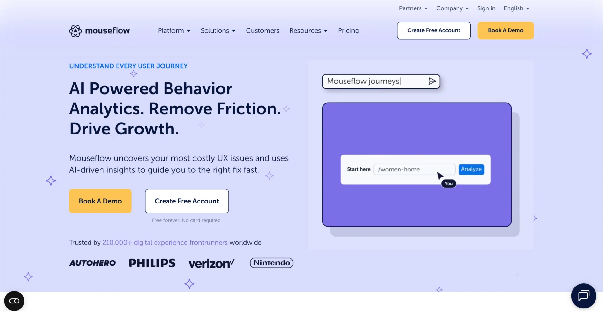 P&aacute;gina inicial do Mouseflow promovendo an&aacute;lises de comportamento e mapas de calor com IA