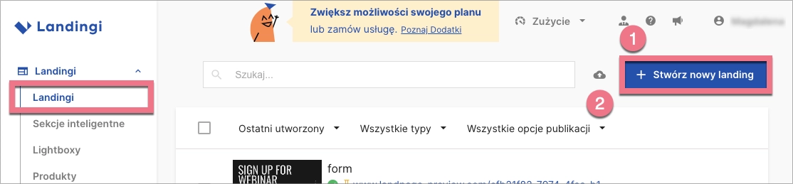 Przycisk tworzenia nowego landing page'a