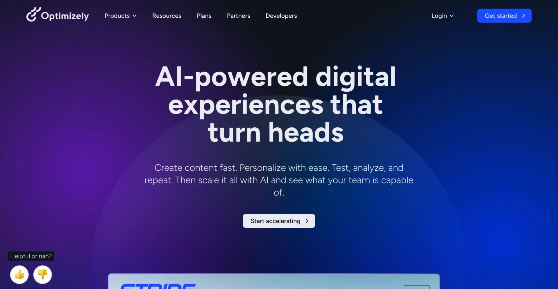 P&aacute;gina inicial da Optimizely apresentando plataforma de experi&ecirc;ncia digital com IA