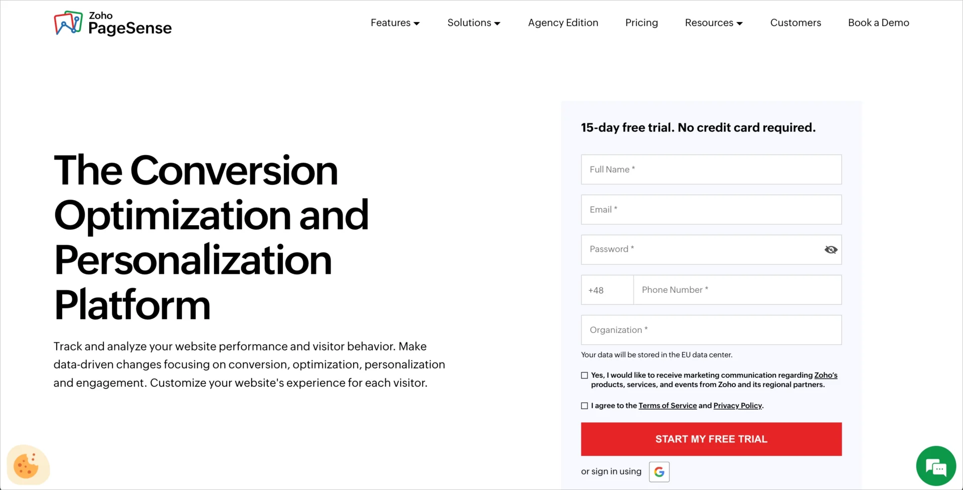 P&aacute;gina inicial do Zoho PageSense apresentando plataforma de otimiza&ccedil;&atilde;o de convers&atilde;o e personaliza&ccedil;&atilde;o