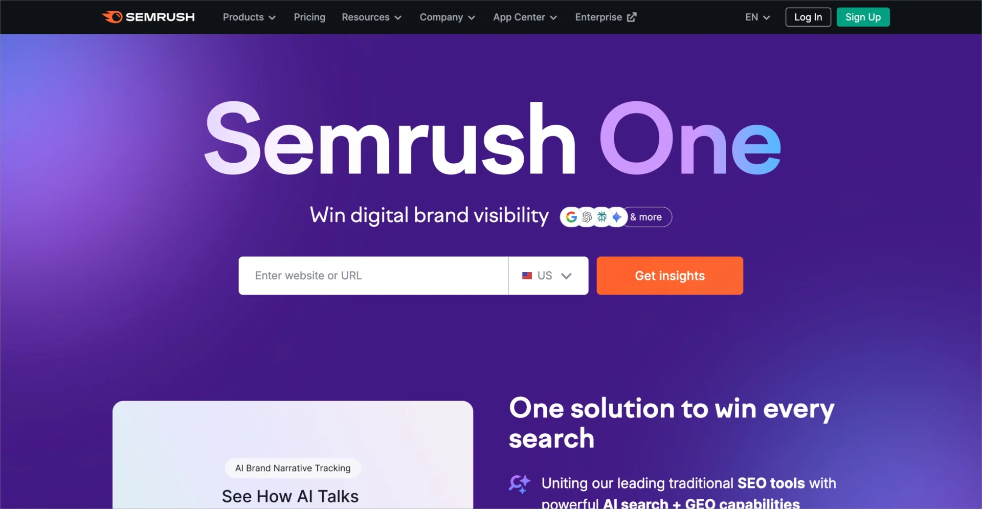 P&aacute;gina inicial da Semrush promovendo ferramentas de pesquisa de SEO e IA