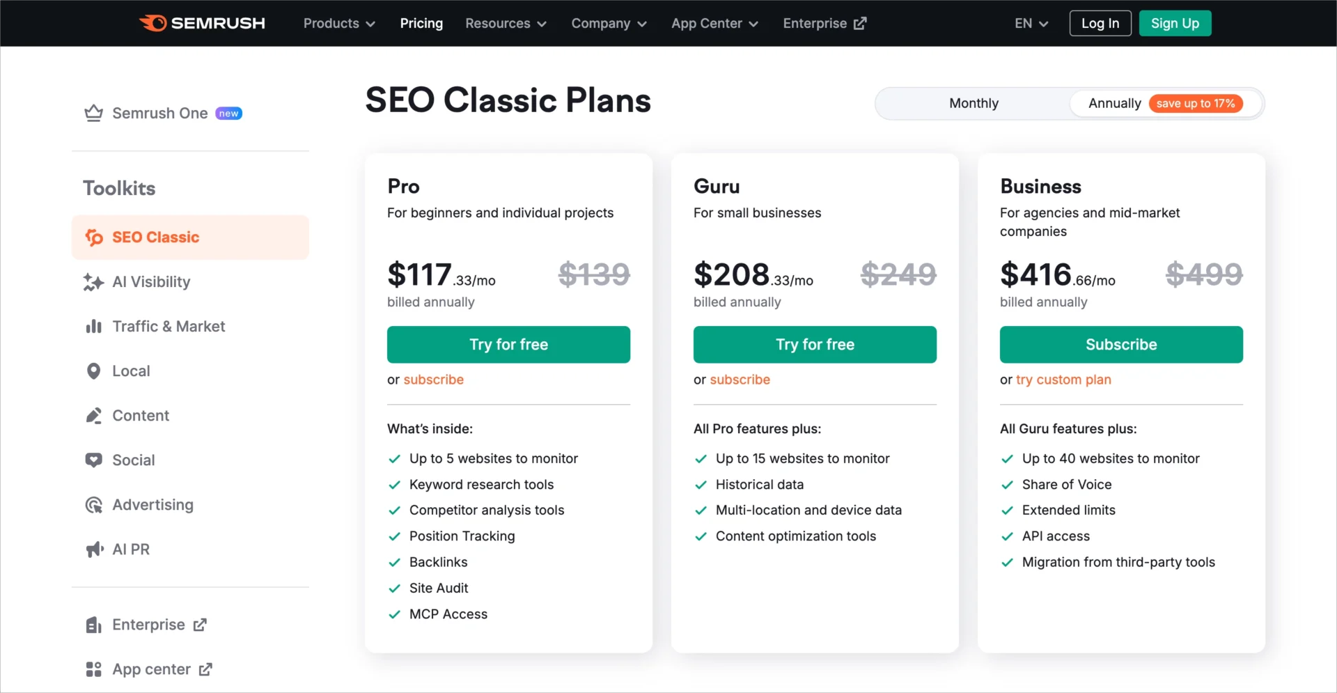 Planos de pre&ccedil;os da Semrush SEO Classic com os n&iacute;veis Pro, Guru e Business