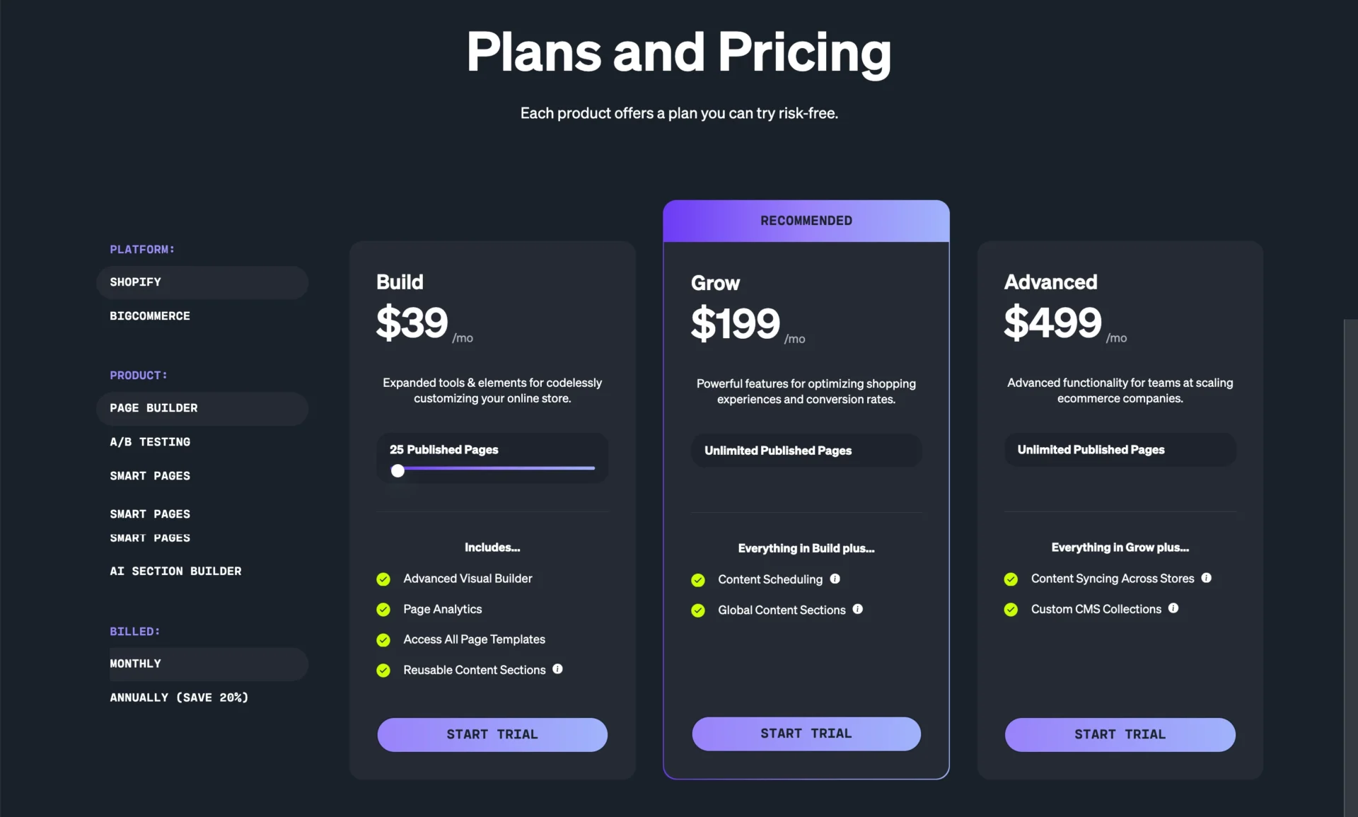 Planos de pre&ccedil;os do Shogun para os n&iacute;veis Build, Grow e Advanced