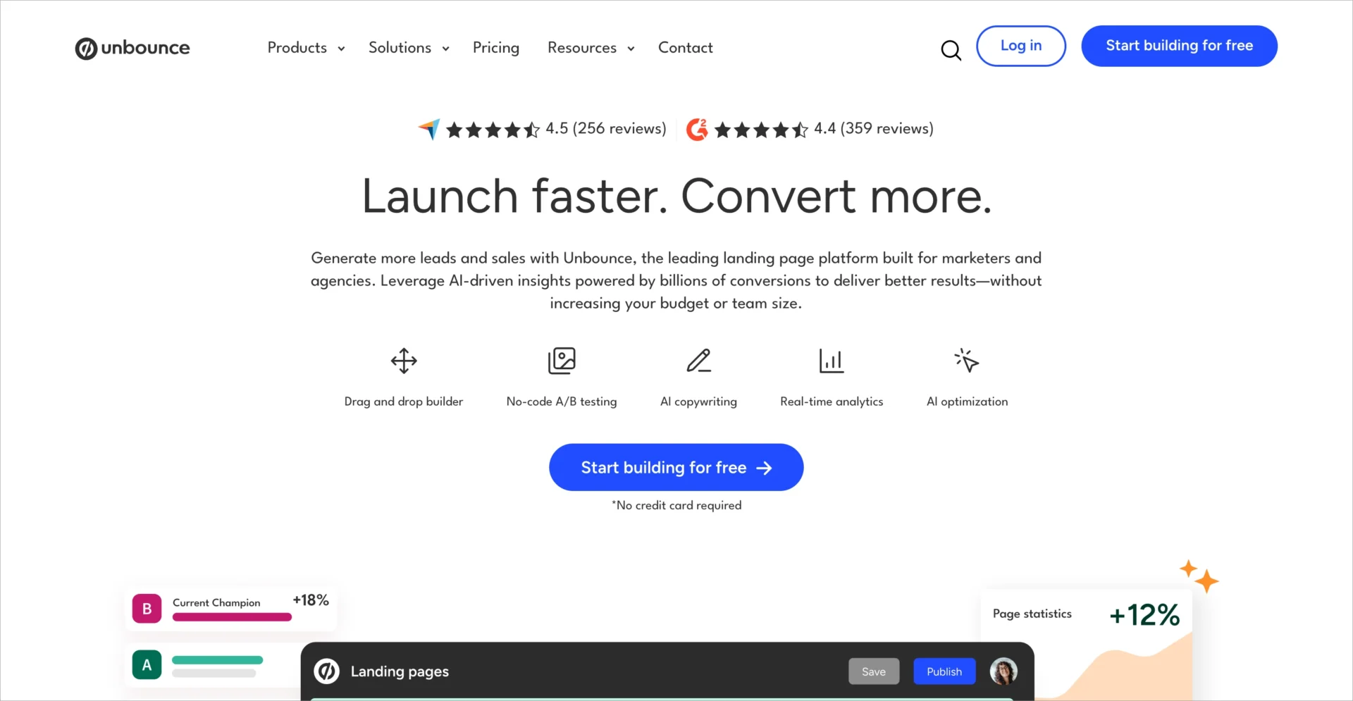 P&aacute;gina inicial da Unbounce promovendo o criador de landing pages