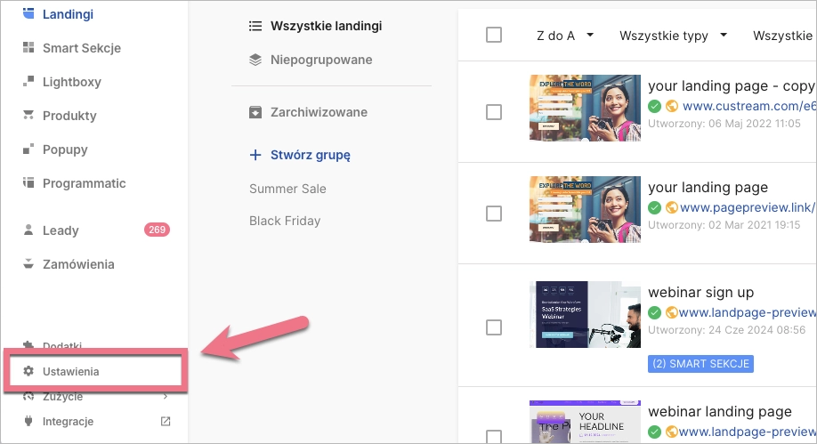Przejdź&nbsp;do ustawień w platformie Landingi