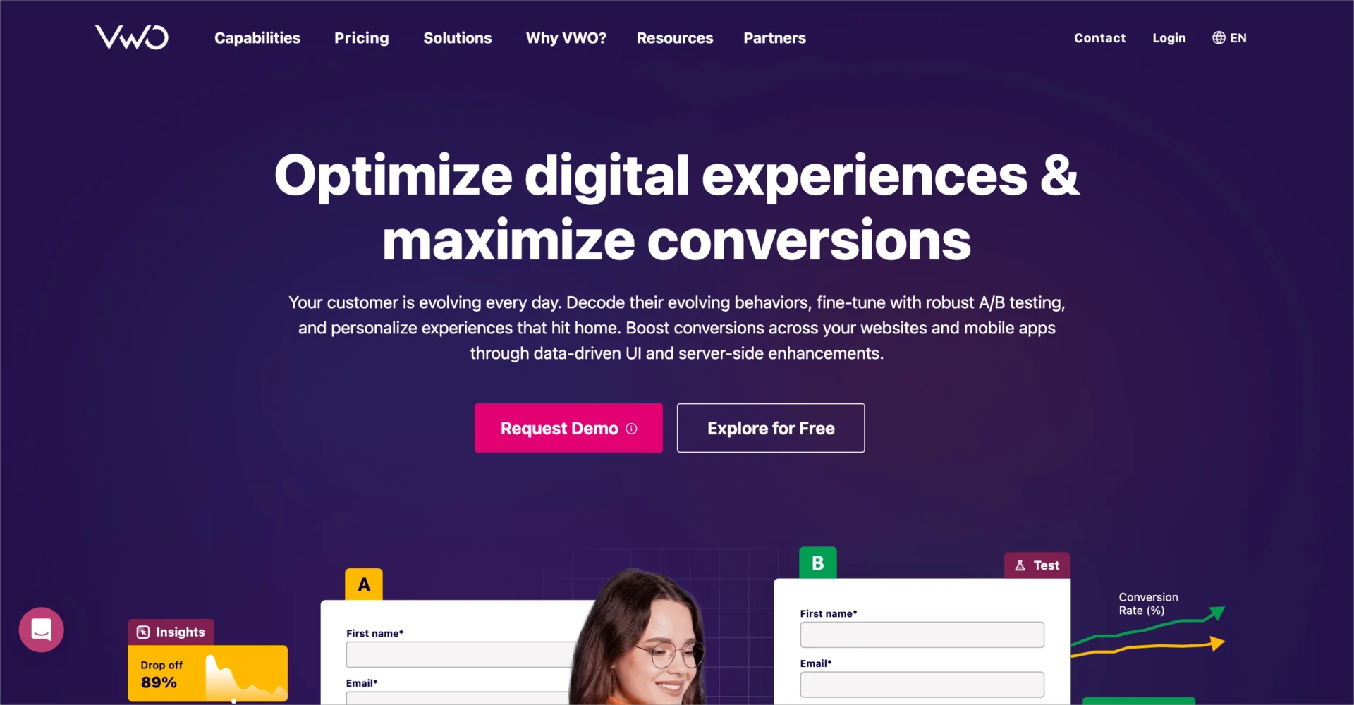 P&aacute;gina inicial da VWO promovendo a otimiza&ccedil;&atilde;o da experi&ecirc;ncia digital e testes A/B