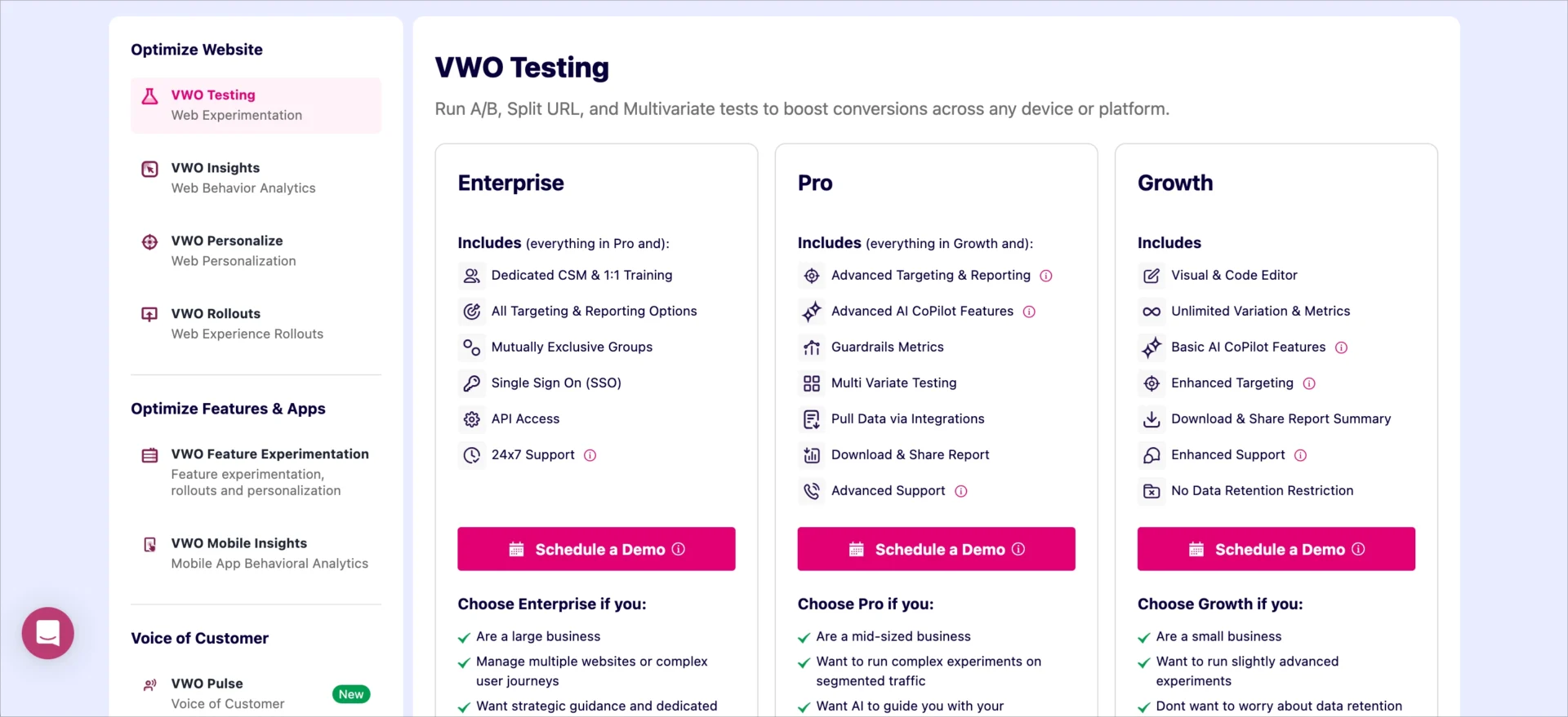 Planos de pre&ccedil;os da VWO Testing com os n&iacute;veis Growth, Pro e Enterprise