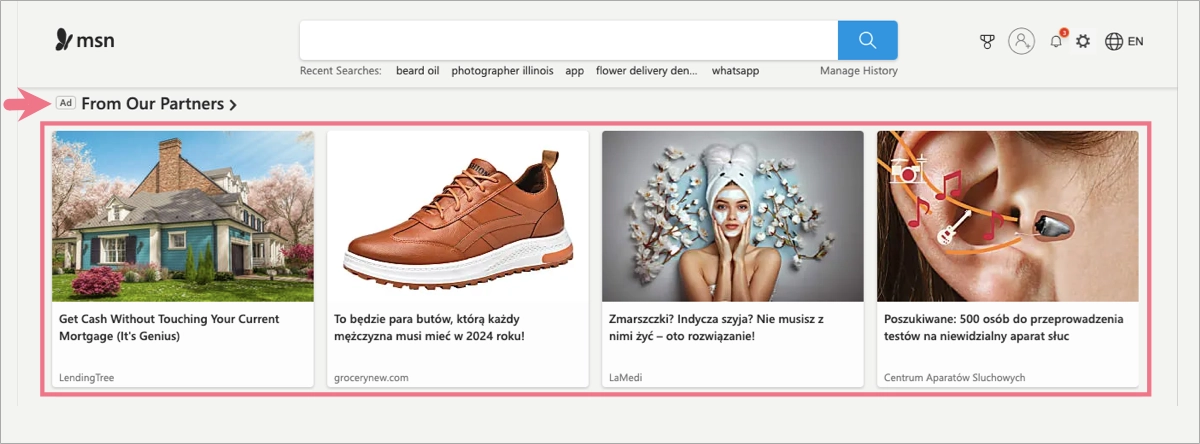 microsoft network bing display ads on partner sites