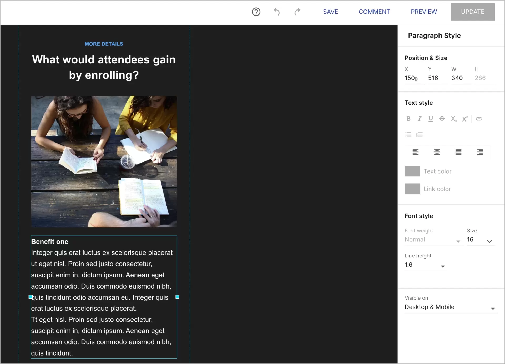 Instapage landing page builder in a mobile mode