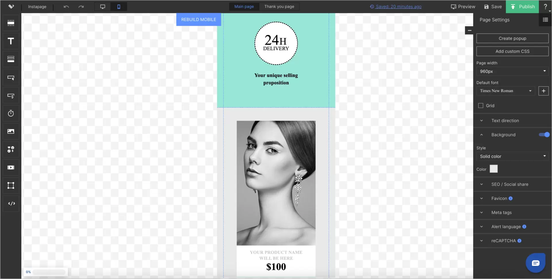 custom landing pages built in mobile mode