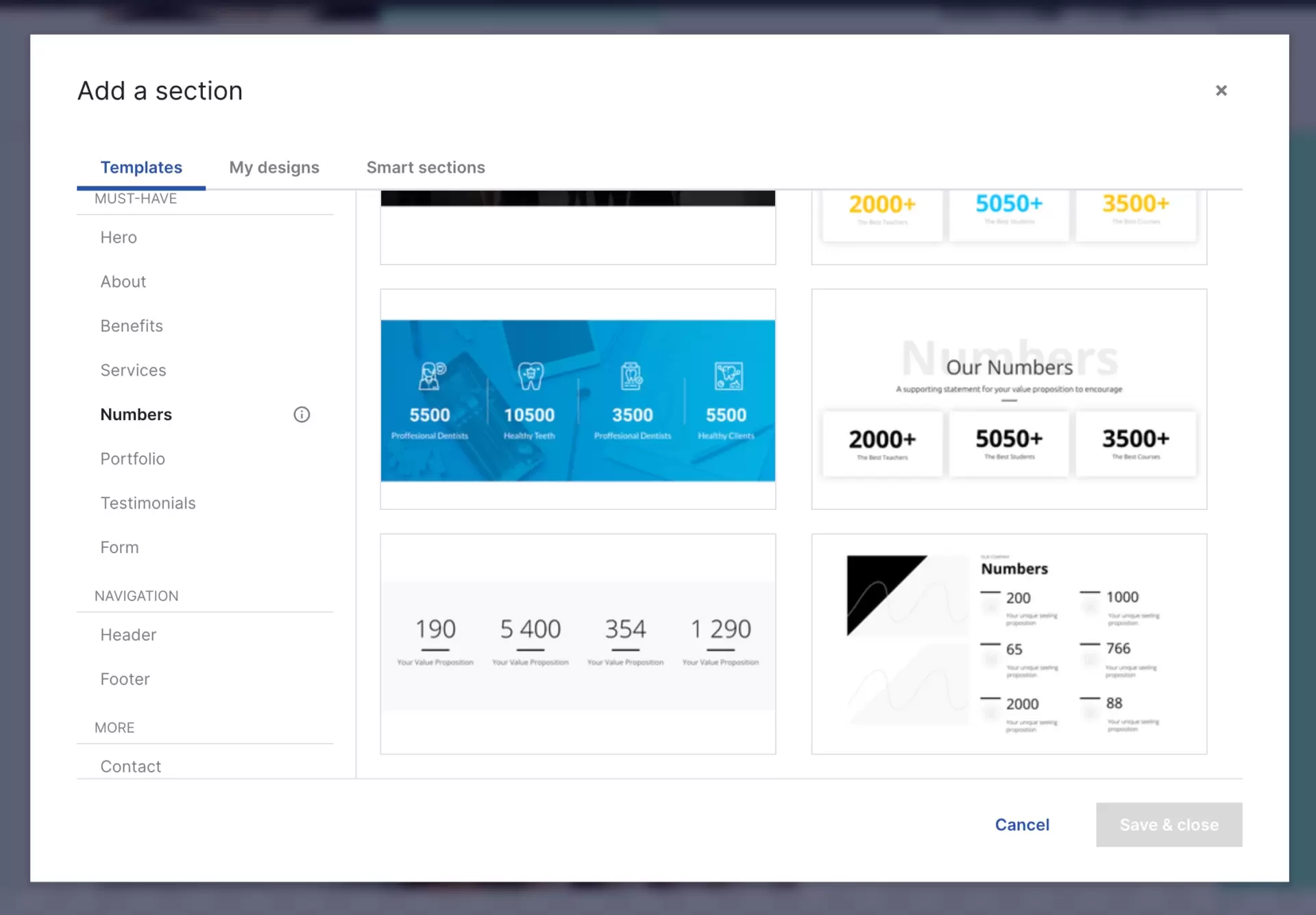 landing page tools in section templates by Landingi